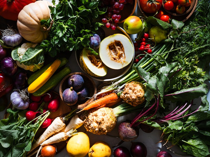 Autumn still life with fresh homegrown vegetables and fruits, harvest time, local farmer produce, o...