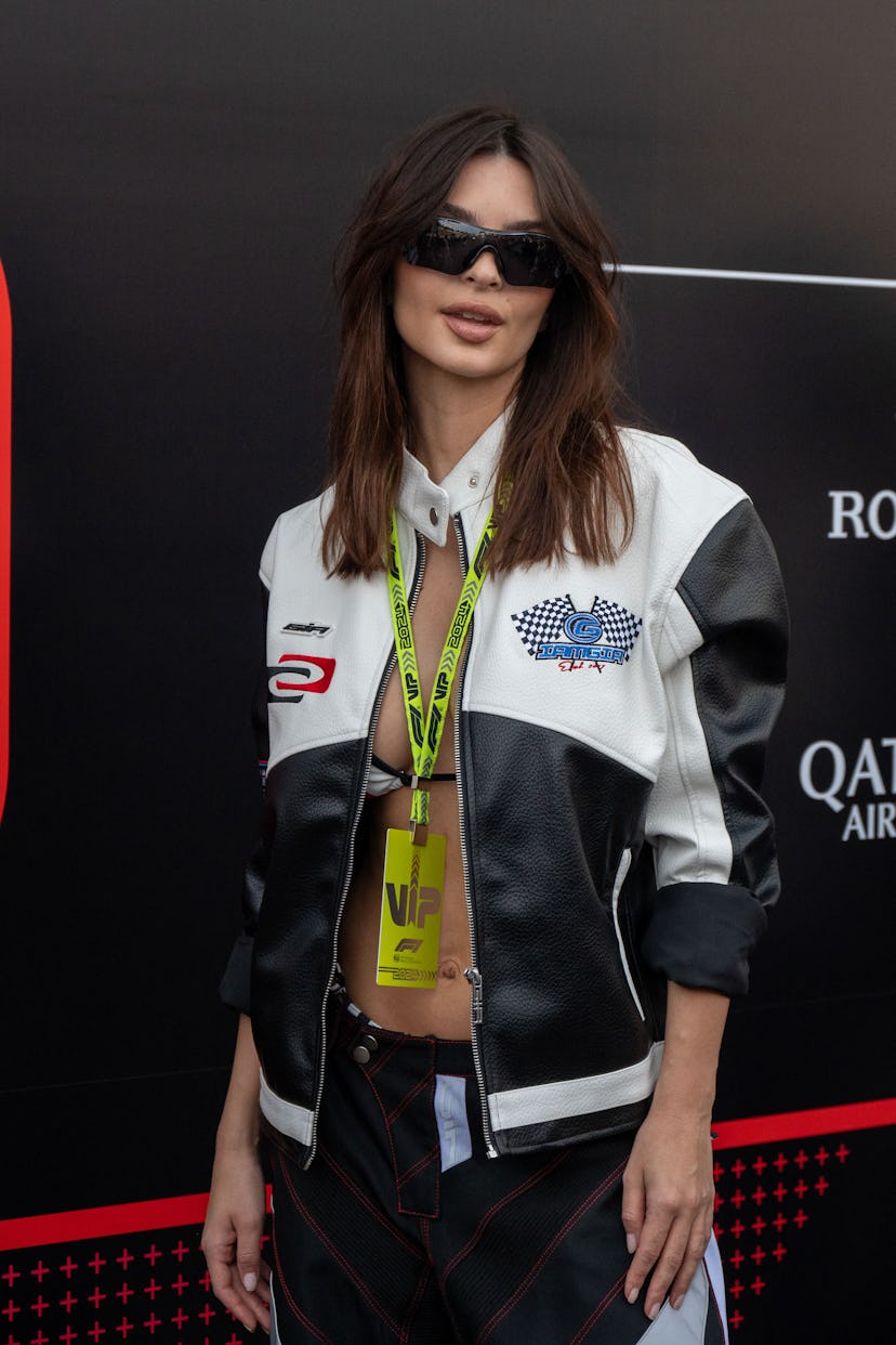 Model and actress Emily Ratajkowski in the Formula 1 paddock on 26 May 2024. 