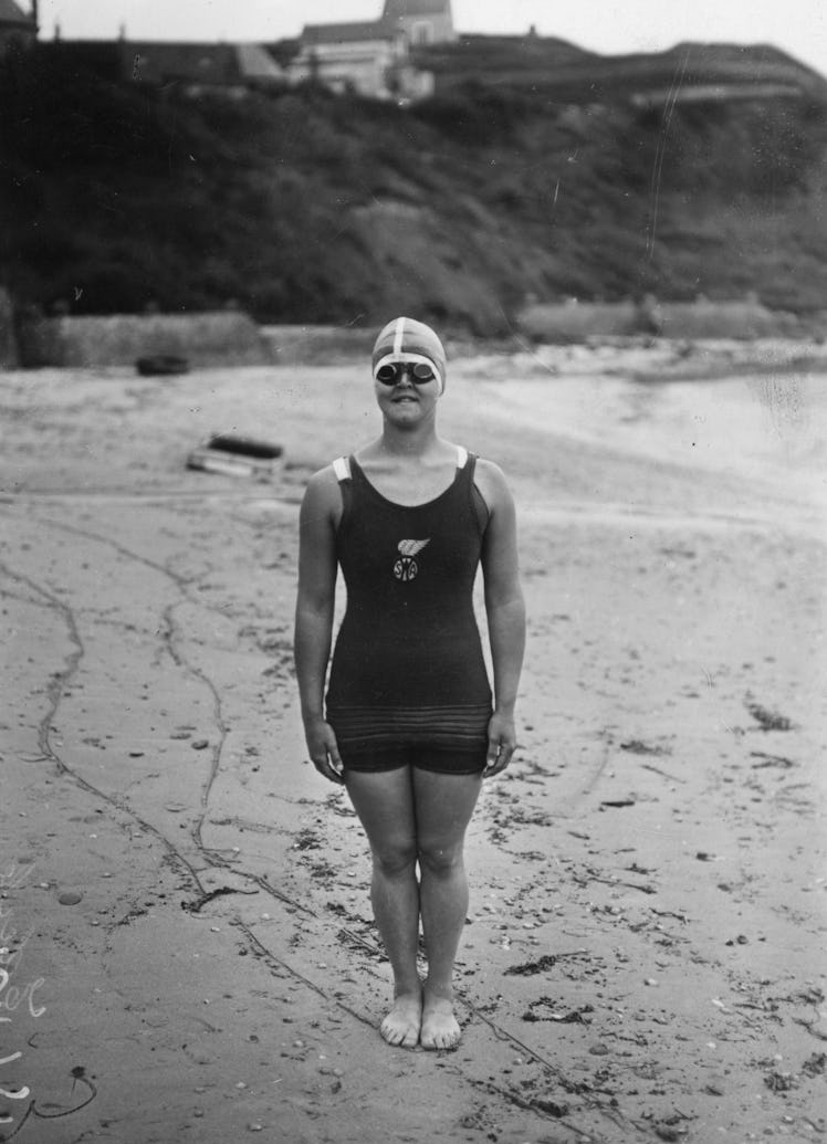 Gertrude Caroline Ederle poses on the beach.