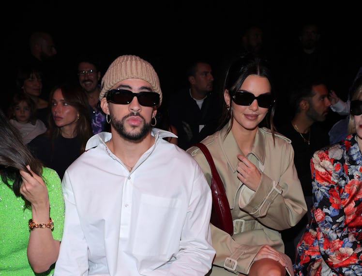 MILAN, ITALY - SEPTEMBER 22: Bad Bunny and Kendall Jenner are seen at Gucci Ancora during Milan Fash...