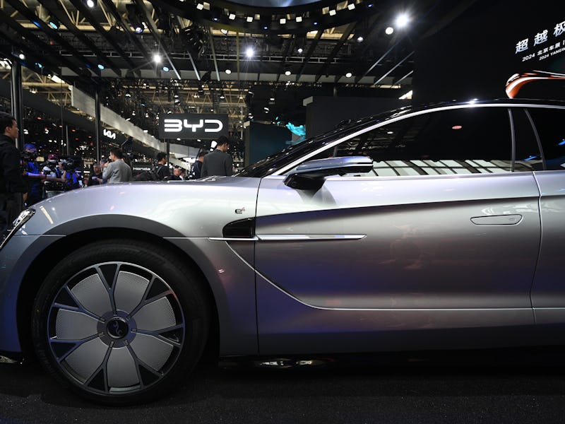 BEIJING, CHINA - APRIL 25: BYD Yangwang U7 is on display at the booth of BYD during the 2024 Beijing...
