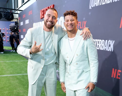 LOS ANGELES, CALIFORNIA - JULY 11: (L-R) Travis Kelce and Patrick Mahomes attend the Netflix Premier...