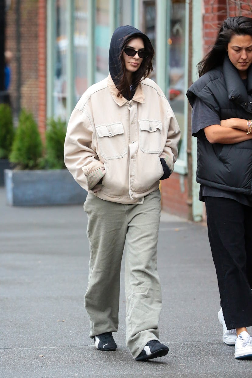 Emily Ratajkowski wears a beige shacket in New York City.
