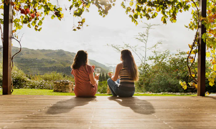 Rear view of two young female friends talking together over glasses of wine while sitting outside on...