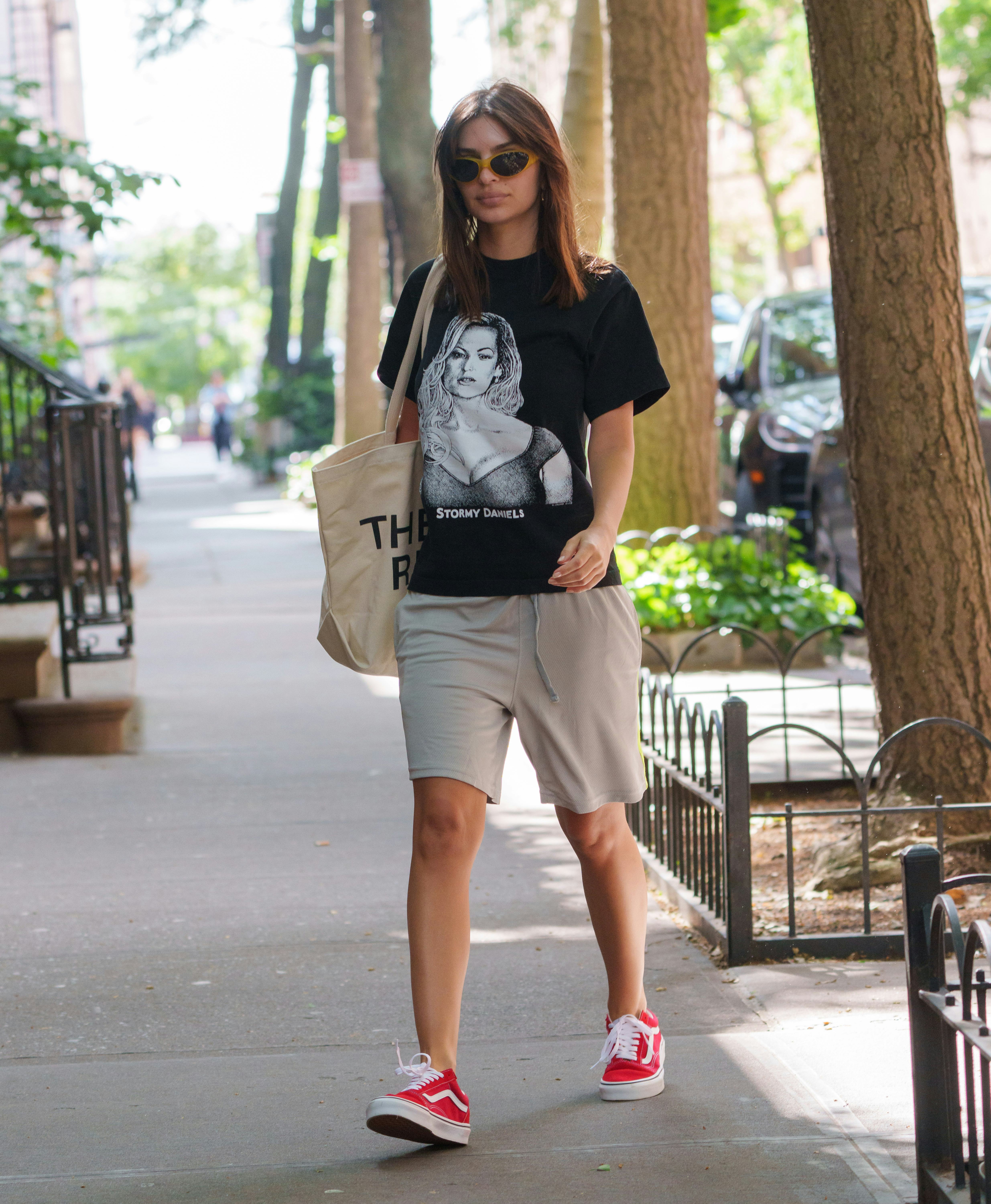 Emily Ratajkowski is seen wearing a Stormy Daniels tee shirt on May 30, 2024 in New York City.
