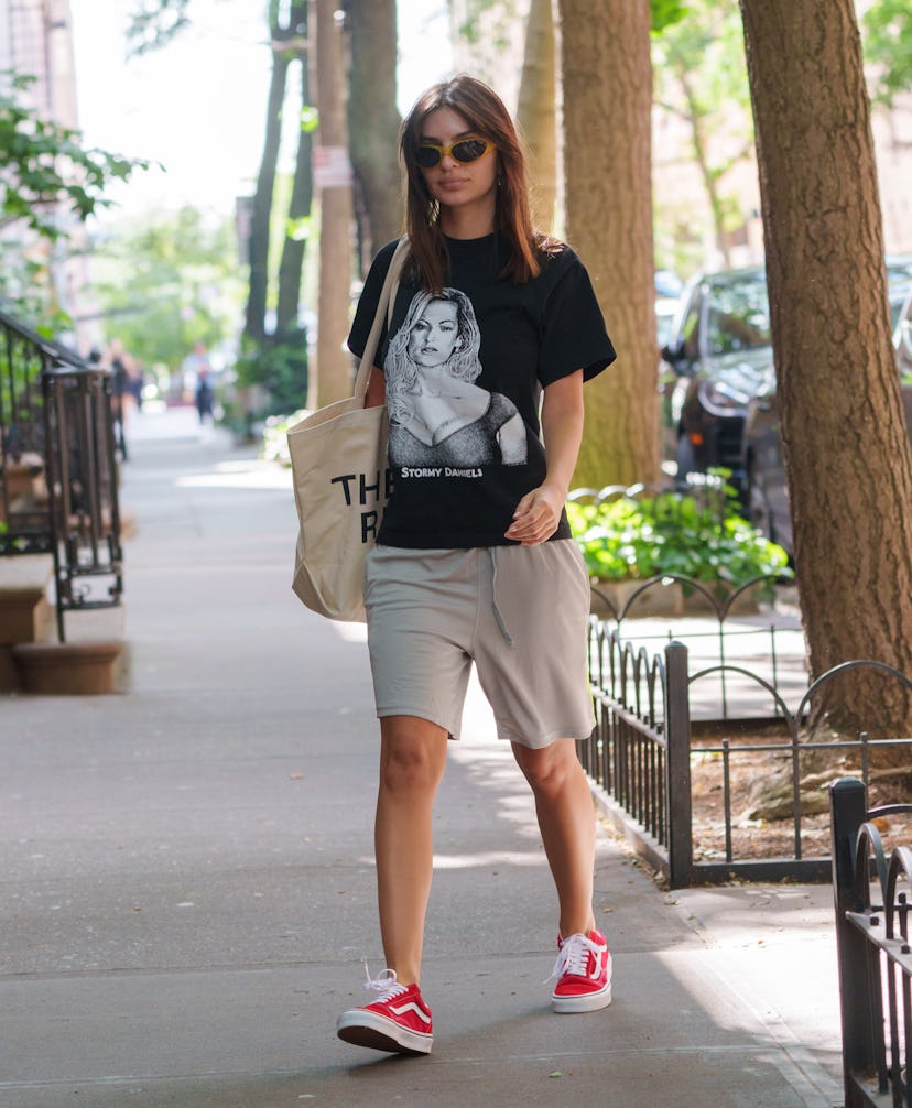 Emily Ratajkowski is seen wearing a Stormy Daniels tee shirt on May 30, 2024 in New York City. 