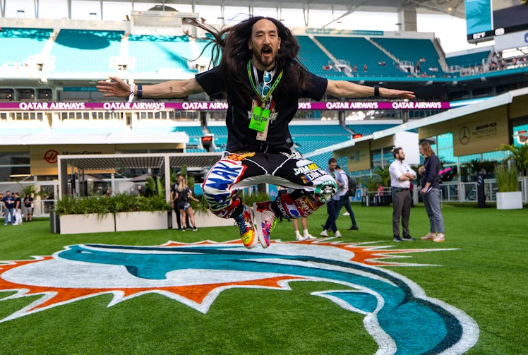 MIAMI, FLORIDA - MAY 3: American DJ Steve Aoki jumps in the paddock during practice ahead of the F1 ...