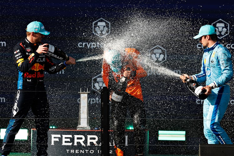 MIAMI, FLORIDA - MAY 05: Race winner Lando Norris of Great Britain and McLaren, Second placed Max Ve...