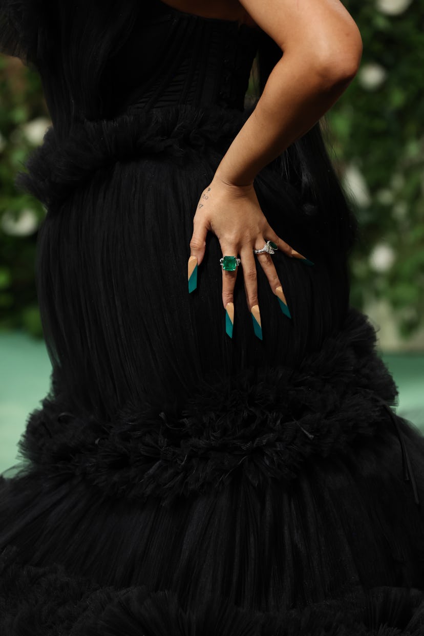 Cardi B wore oversized emerald green press-on nails at the 2024 Met Gala.