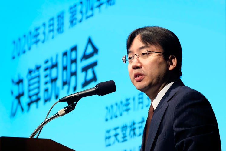 Shuntaro Furukawa, president of Japan's video game company Nintendo, delivers a speech during a brie...