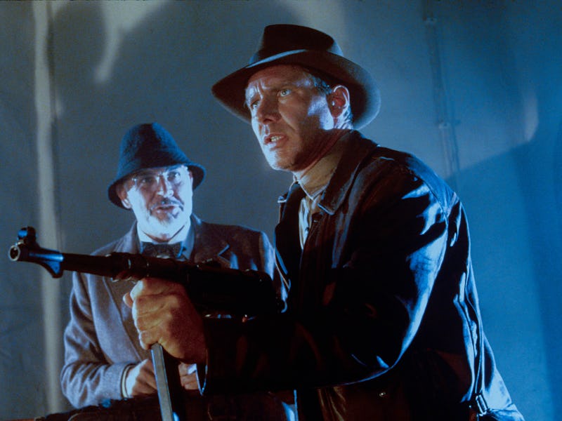 Scottish actor Sean Connery (in costume as Henry Jones) (left) and American actor Harrison Ford (as ...