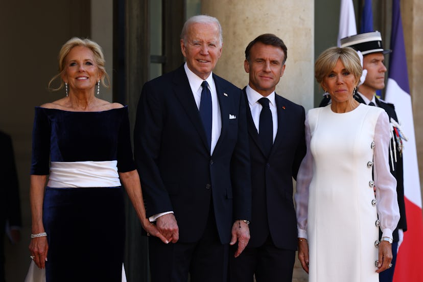 US President Joe Biden and US first lady Jill Biden, French President Emmanuel Macron and wife Brig...