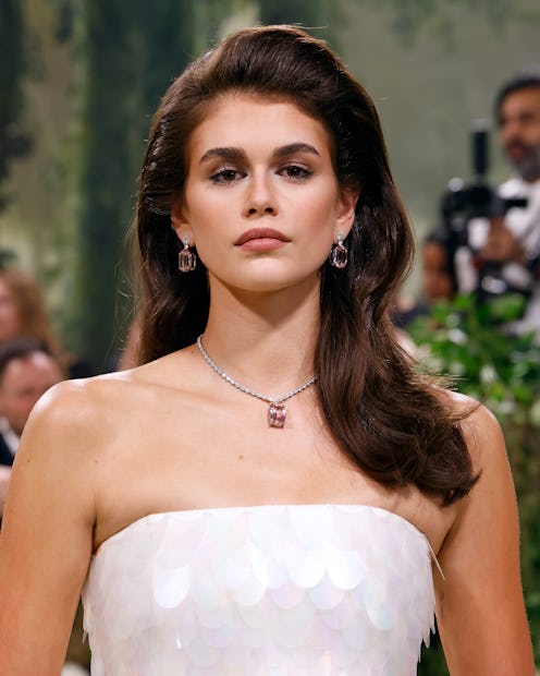 kaia gerber strapless sequin white gown