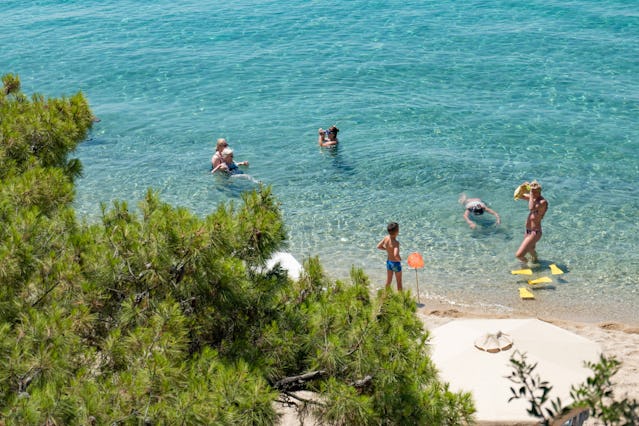 Sandy Beach and beach bar with sunbeds and umbrellas called Tortuga at Sithonia peninsula, Halkidiki...