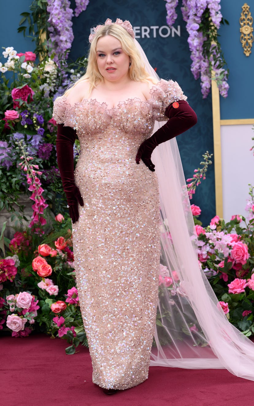 Nicola Coughlan wears a pink sequined dress to attend the "Bridgerton" Season 3 Part Two special scr...