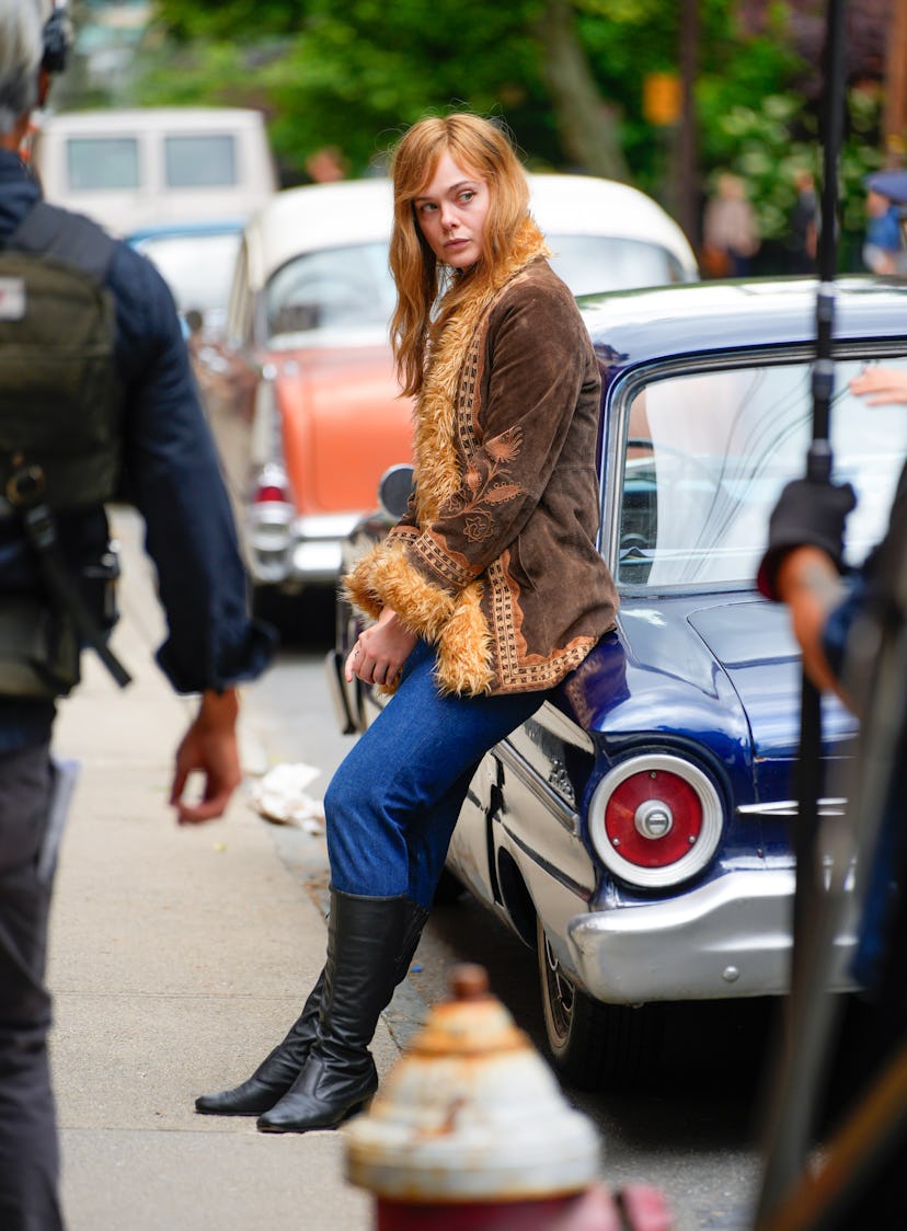 Elle Fanning  'A Complete Unknown' set 2024 strawberry blonde hair