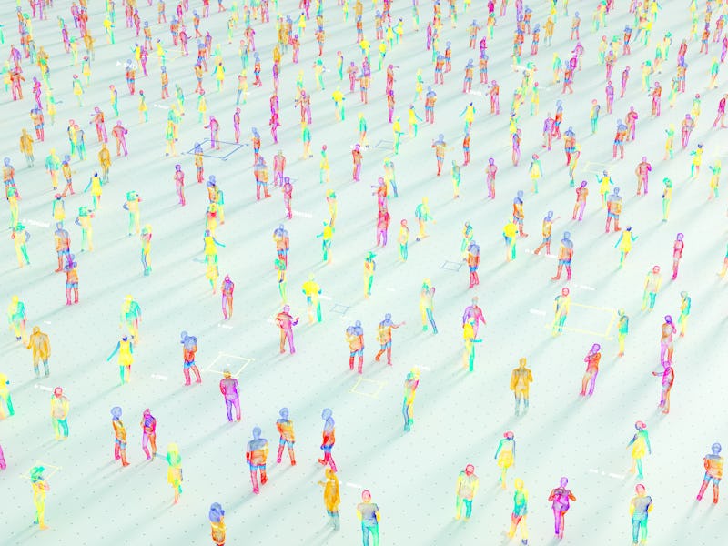 Digital generated image of large group of abstract multicoloured people standing on white background...