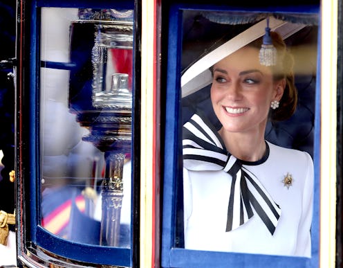 Kate Middleton's outfit at Trooping the Colour was a white midi dress with black trim, by Jenny Pack...