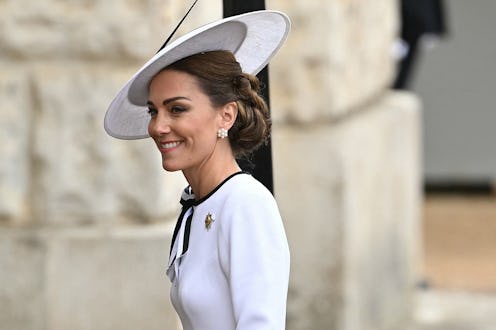 TOPSHOT - Britain's Catherine, Princess of Wales, arrives to Horse Guards Parade for the King's Birt...