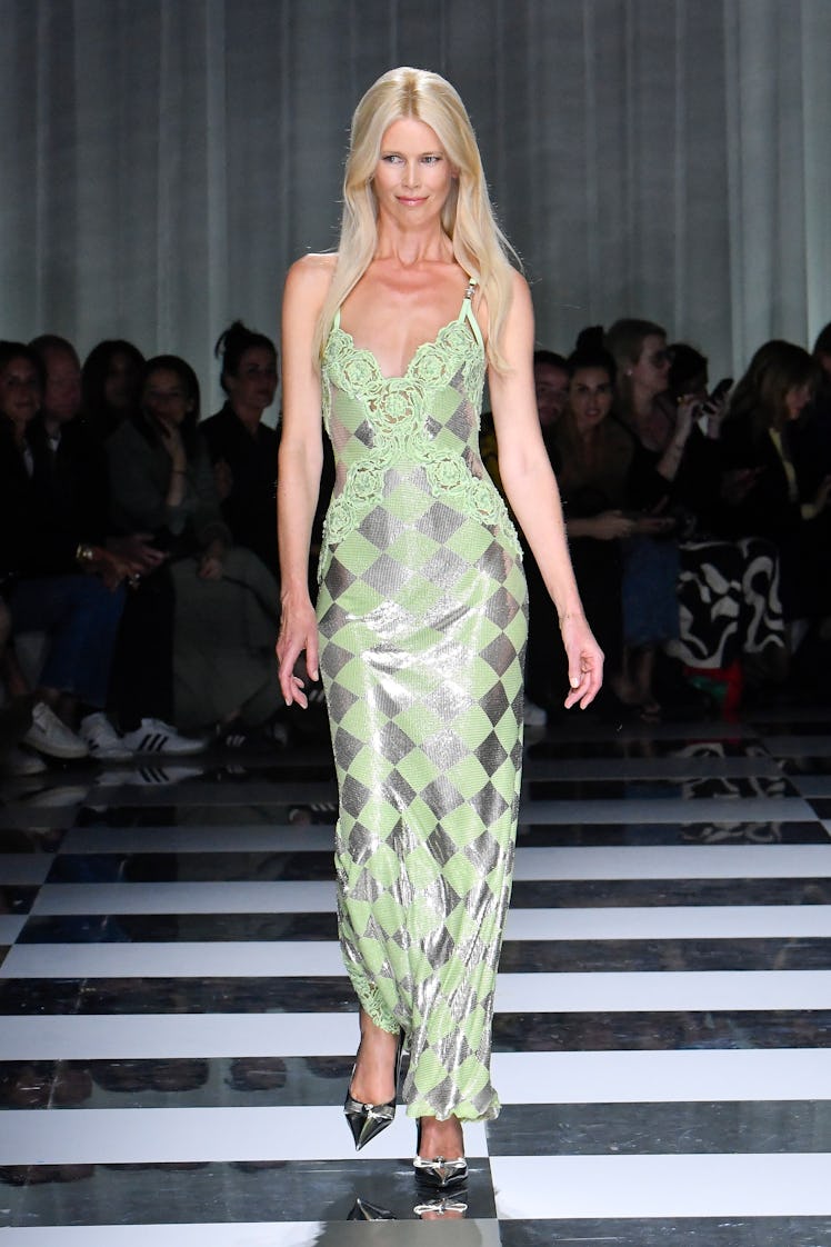 Claudia Schiffer walks the runway during the Versace Ready to Wear Spring/Summer 2024 fashion show a...