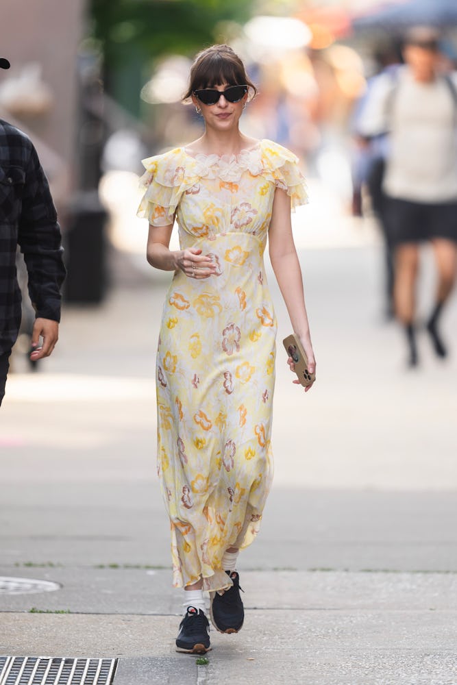 Dakota Johnson is seen filming "Materialists" in the West Village on May 31, 2024 in New York City.