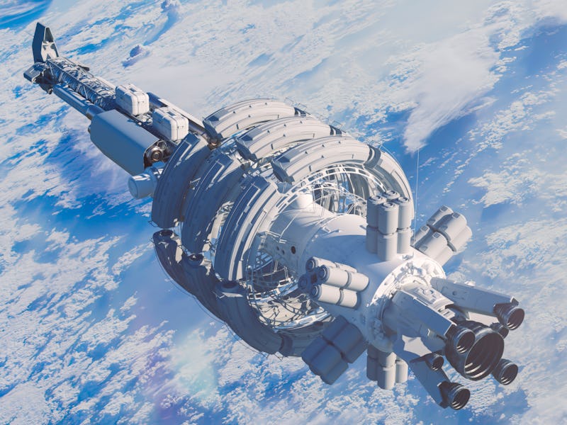 Against the Earth's backdrop, the space station orbits gracefully, creating a captivating contrast b...