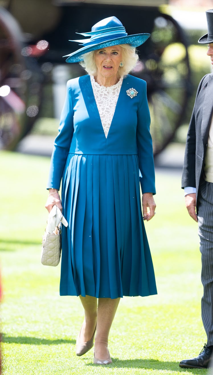 Queen Camilla attends day two of Royal Ascot 2024 at Ascot Racecourse on June 19, 2024 in Ascot, Eng...