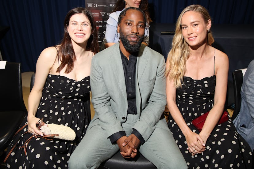 Alexandra Daddario, John David Washington and Brie Larson attend the press conference of the Filming...