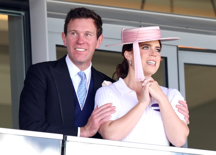 Jack Brooksbank hugs Princess Eugenie of York as they attend day two of Royal Ascot 2024 at Ascot Ra...
