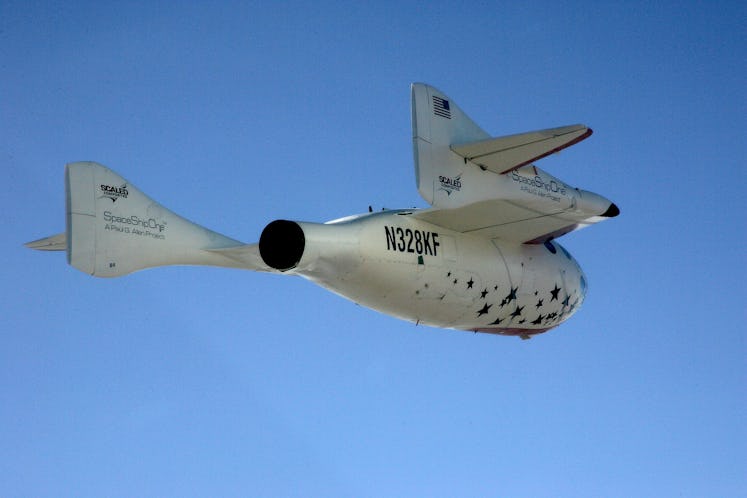 MOJAVE, CA - JUNE 21:  SpaceShipOne climbs after launching from White Knight to eventually reach a h...