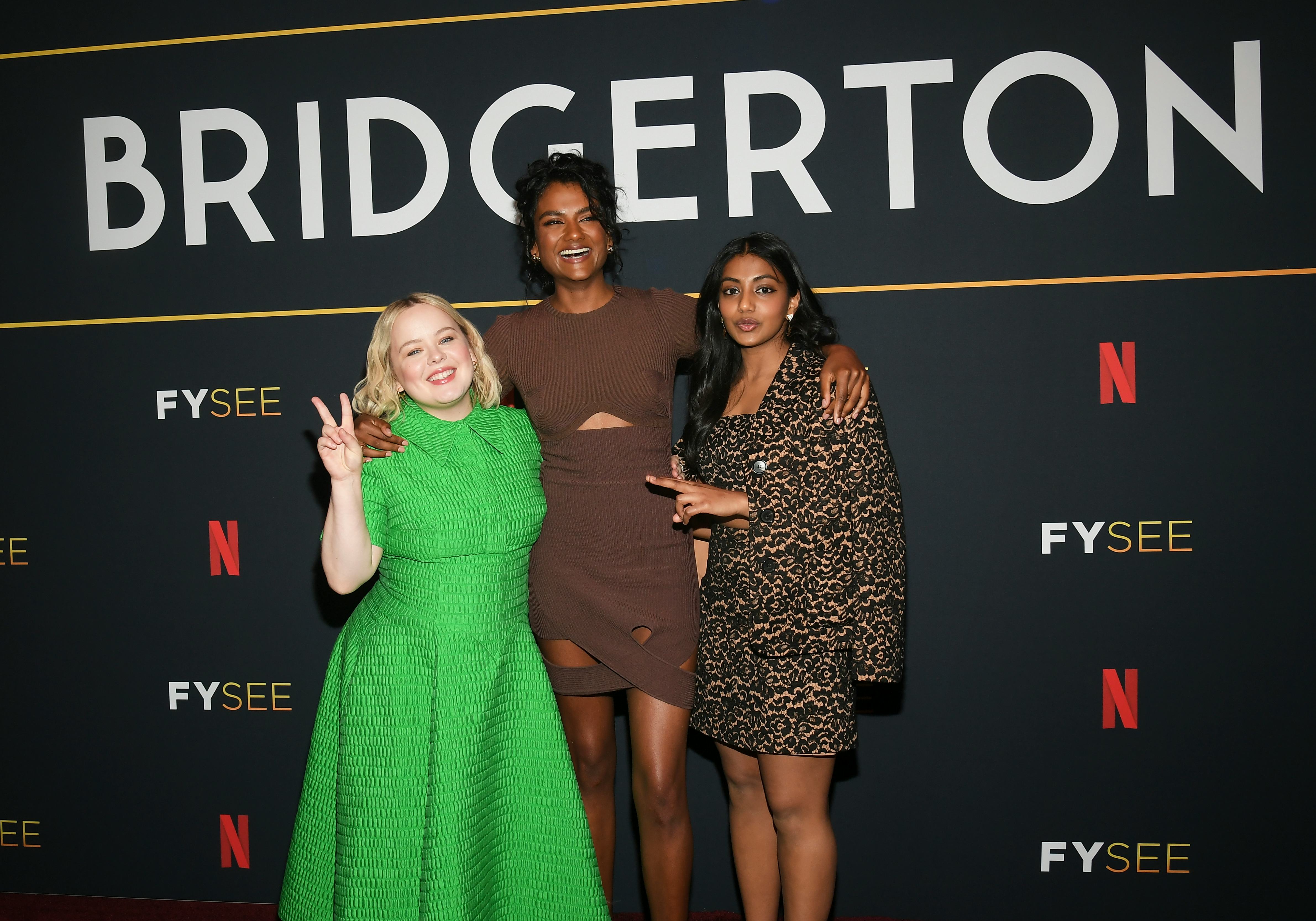 Bridgerton cast members Nicola Coughlan, Simone Ashley and Charithra Chandran.