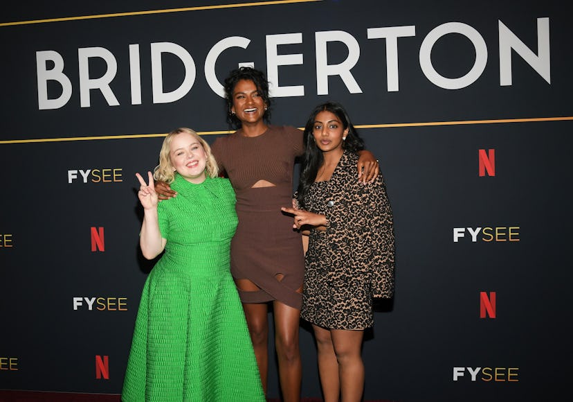 Bridgerton cast members Nicola Coughlan, Simone Ashley and Charithra Chandran.
