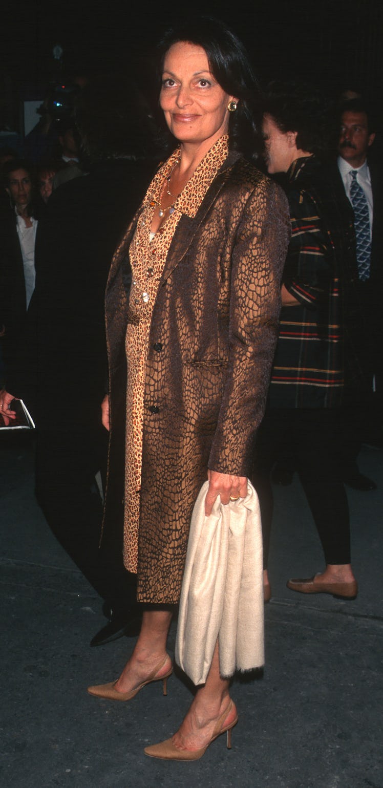 Belgian-born American fashion designer Diane von Furstenberg attends a premiere of 'Bulworth' at the...