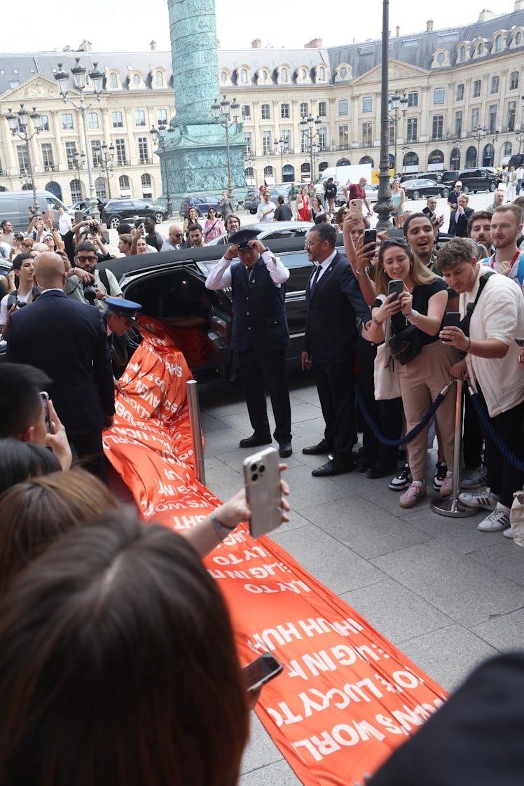 PARIS, FRANCE - JUNE 25: Katy Perry arrives at The Ritz Hotel in a stretch limousine during the Haut...