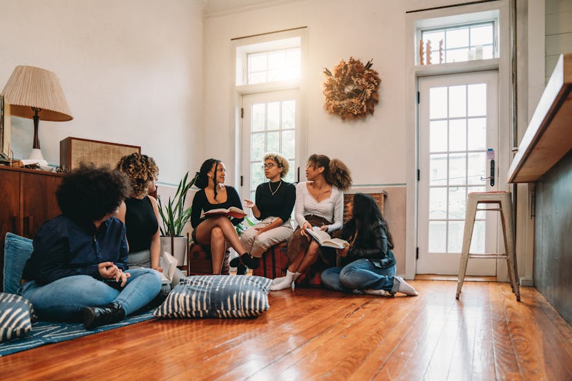 Six young women friends in a book club share fun facts about me as an icebreaker to get to know each…