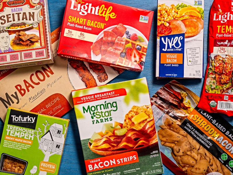 WASHINGTON, DC - MAY 6: Clockwise from top left:
Upton's Naturals Bacon Seitan, LightLife Smart Baco...