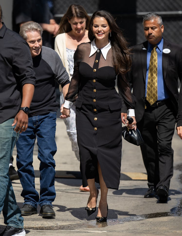 David Cornett and Selena Gomez are seen at "Jimmy Kimmel Live" on June 26, 2024 in Los Angeles, Cali...