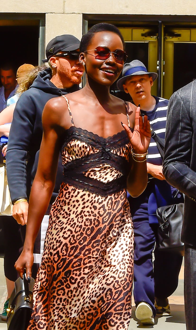 Lupita Nyong'o wears a leopard print slip dress on June 19, 2024 in New York City. 
