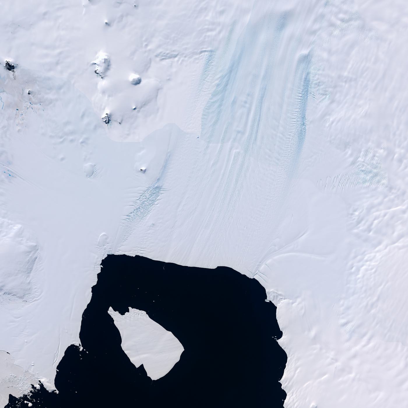 Satellite view of an icy landscape showing dark open water surrounded by white snow with distinct textures.