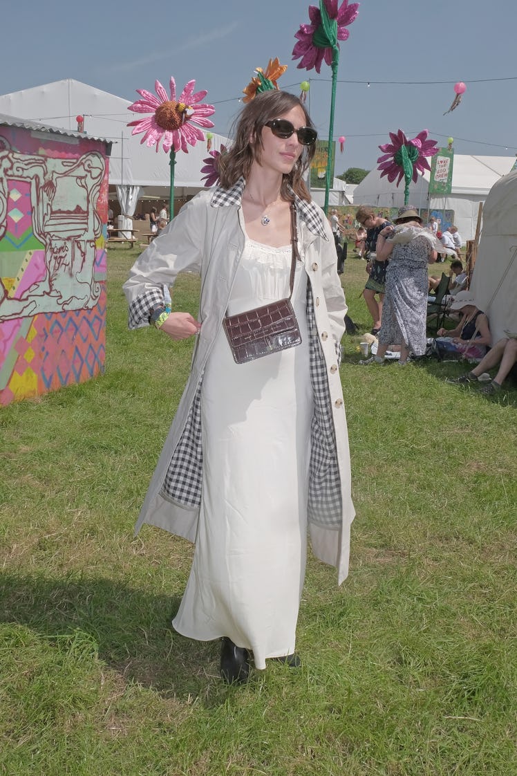Alexa Chung is seen on day one of the Glastonbury Festival on June 28, 2019 in Glastonbury, England.