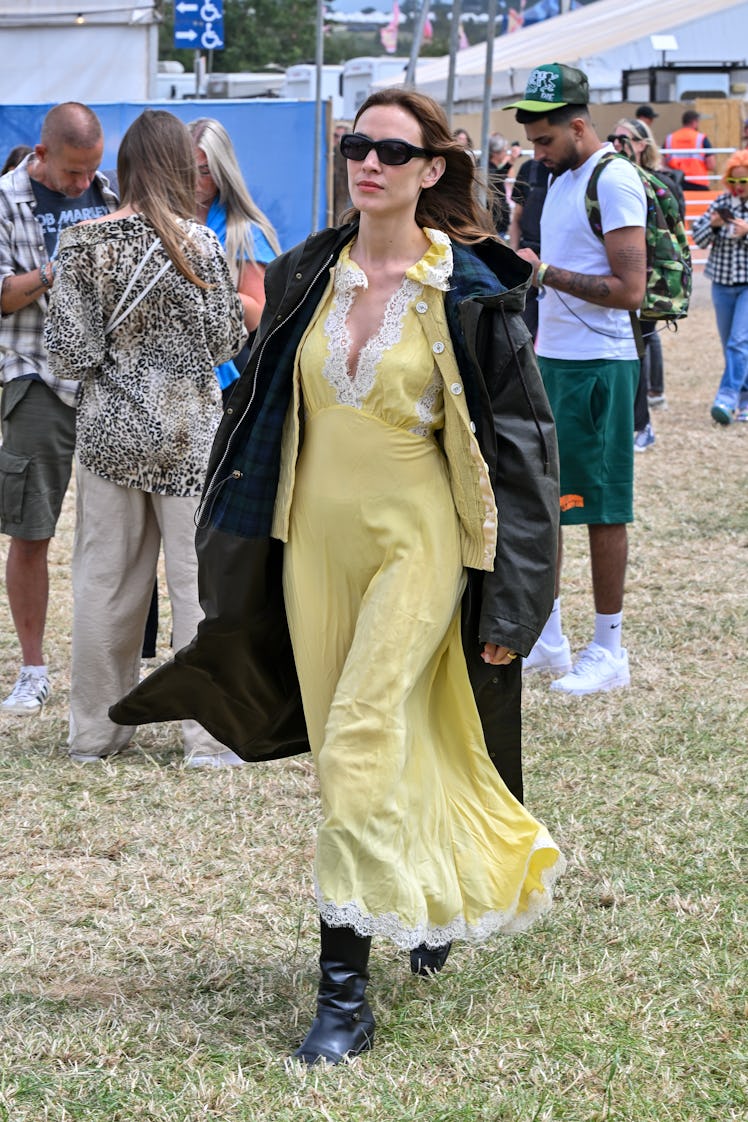 Alexa Chung is spotted at Glastonbury festival teasing her upcoming AW24 Barbour collection on June ...
