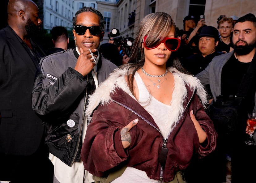 A$AP Rocky and Rihanna at the AWGE fashion show during Paris Fashion Week Menswear Spring/Summer 202...