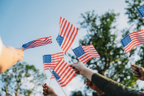 A group of people is waving small American flags at sunset. Concept for various topics like Happy Ve...