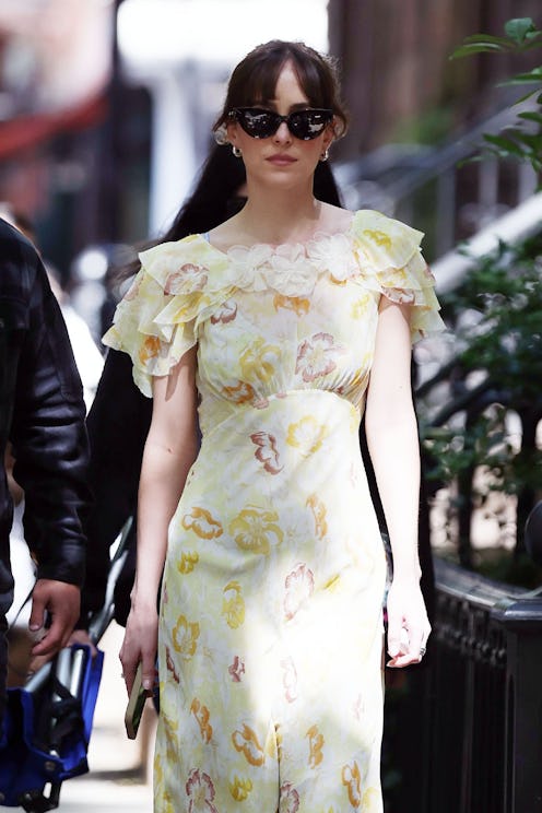 NEW YORK, NY - MAY 31: Dakota Johnson is seen arriving to the set of 'Materialists' on May 31, 2024 ...