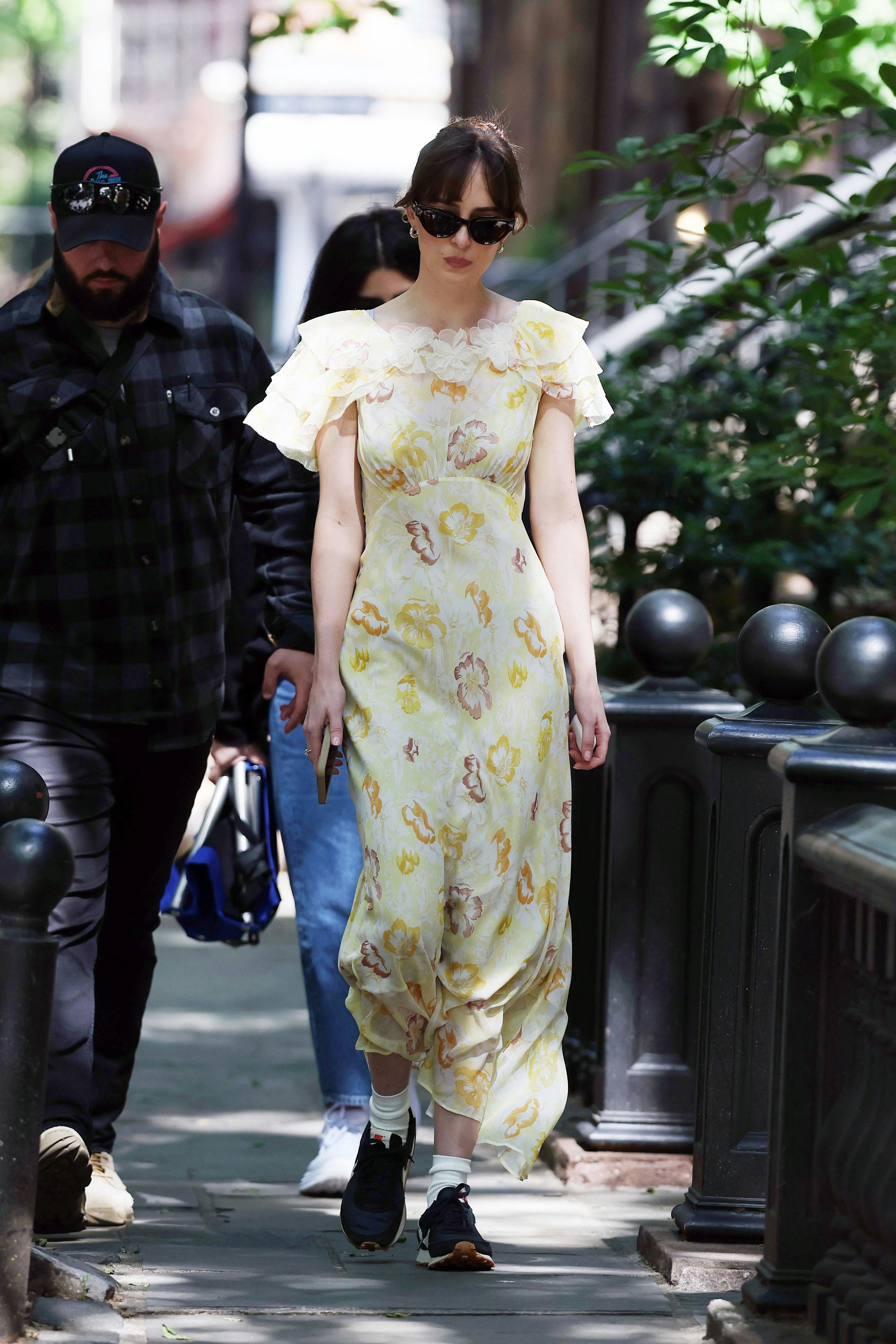 Dakota Johnson is seen arriving to the set of &lsquo;Materialists&rsquo;  in New York, New York wearing a yellow&hellip;