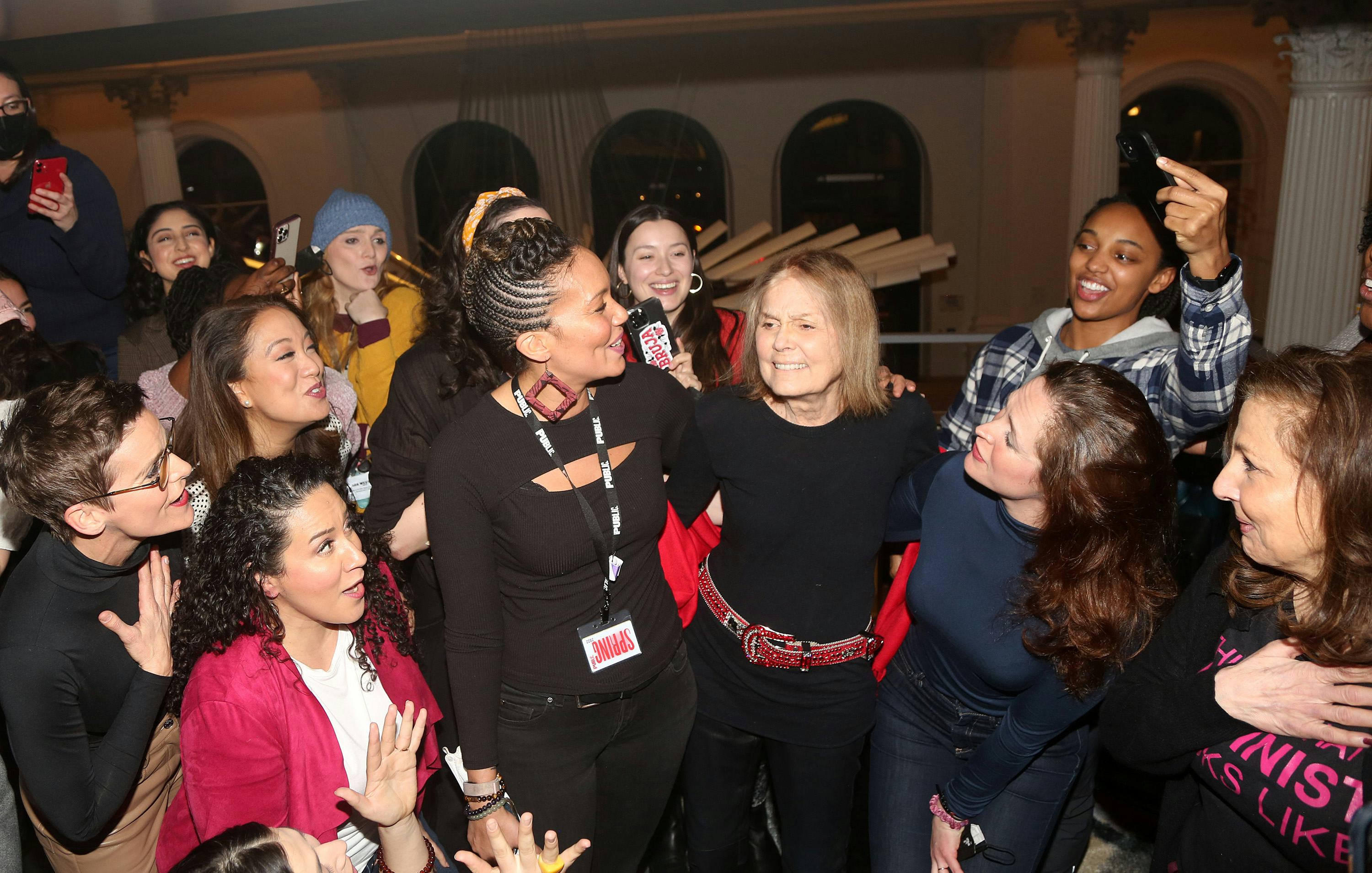 The cast of Suffs on Broadway sing &ldquo;Happy Birthday&rdquo; to Gloria Steinem.