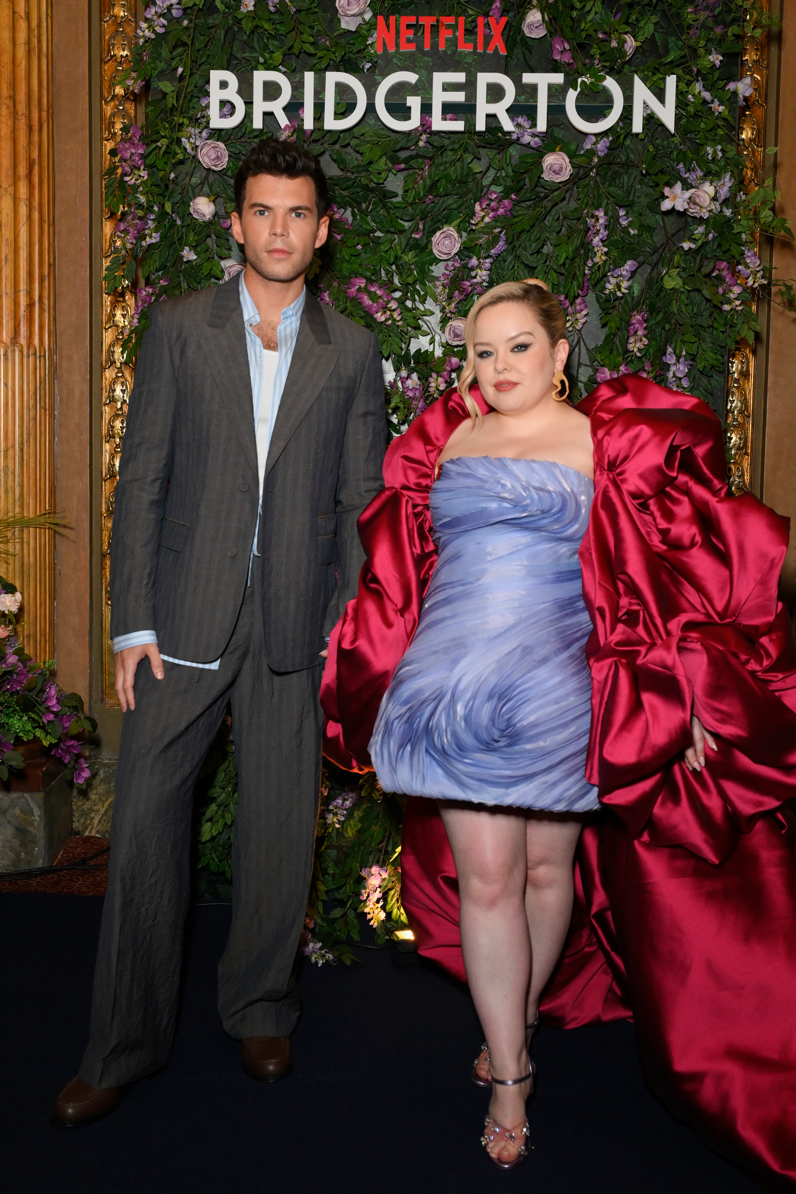 nicola coughlan purple dress Nicola Coughlan Looks Like a Royal Flower Garden on 'Bridgerton' Red Carpet