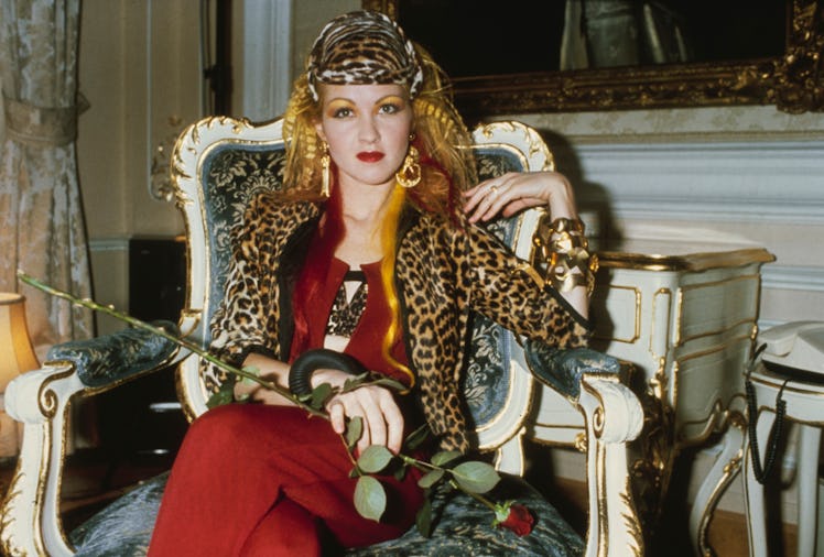 American singer and songwriter Cyndi Lauper, wearing a leopard print outfit during the presentation ...