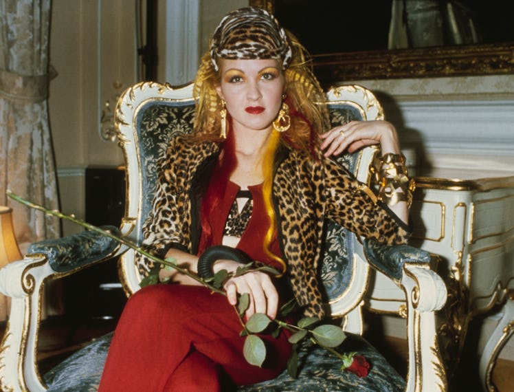 American singer and songwriter Cyndi Lauper, wearing a leopard print outfit during the presentation ...