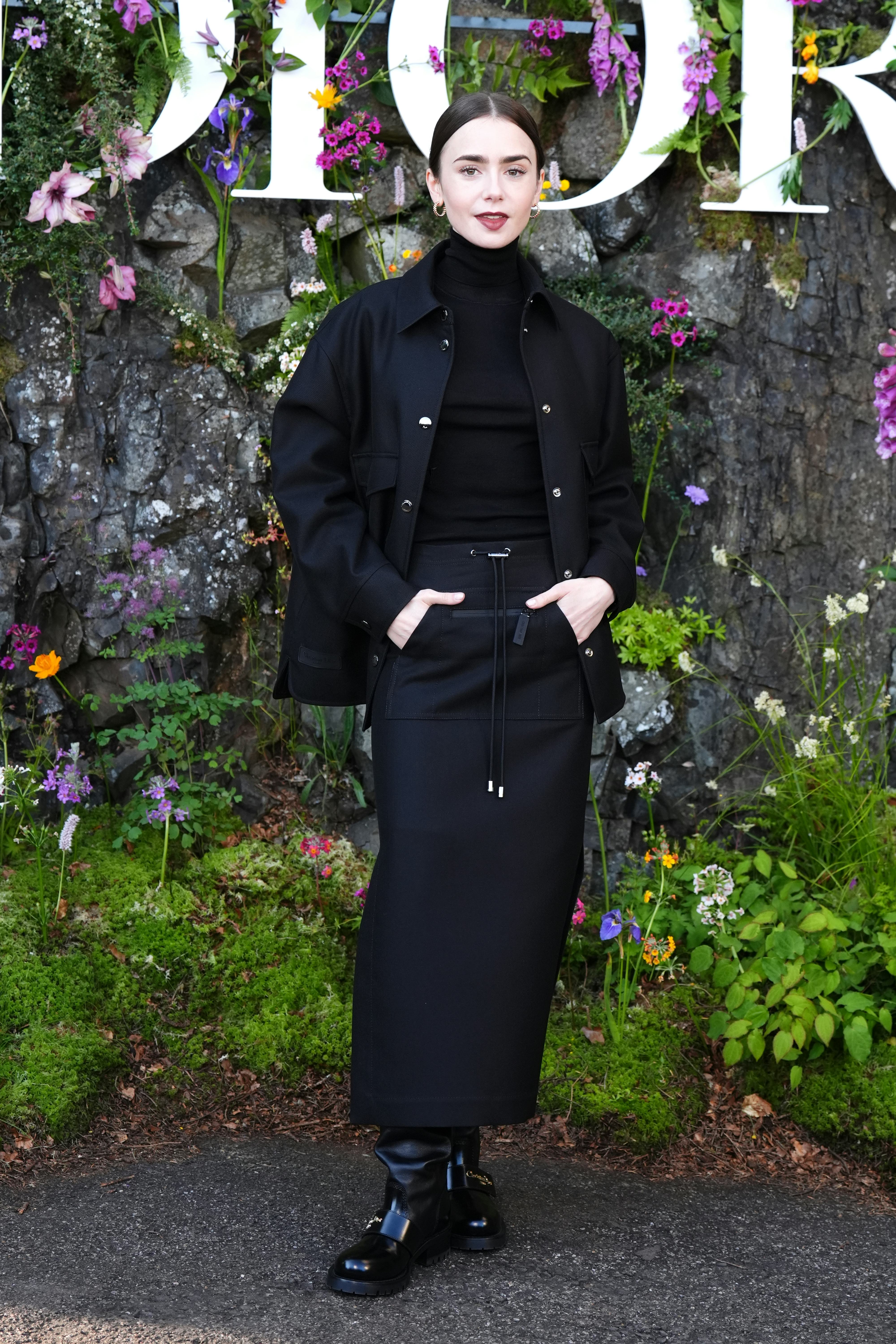 Lily Collins wears an all-black outfit to attend the Dior Cruise 2025 show on June 3, 2024 in Edinbu&hellip;